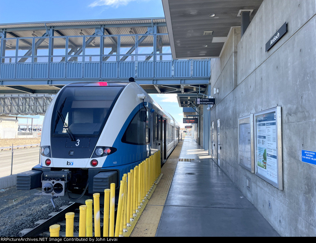 eBART Stadler DMU car at Antioch Depot awaiting departure for Pittsburg-Baypoint Transfer only station